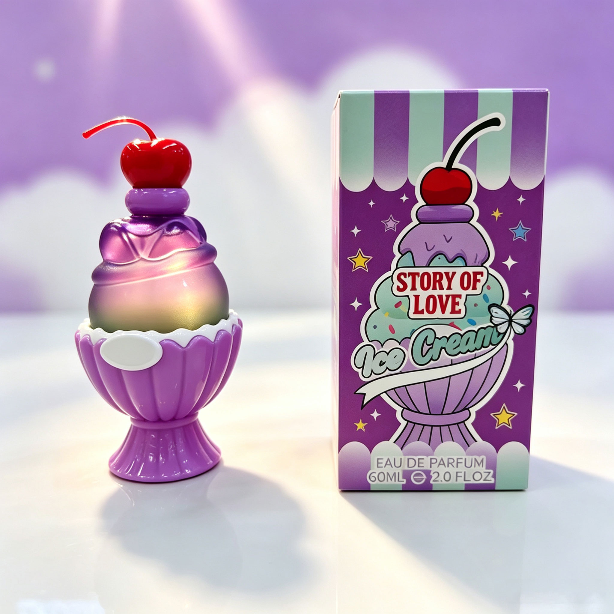 Perfume Fragrance For Women - かわいいアイスクリーム型のオードパルファム60ml、甘くて長持ちするフローラルフルーティな香り、かわいいチェリー装飾の香水瓶、女性や女の子への誕生日やバレンタインギフトに最適な絶妙な漫画風ギフトボックス
