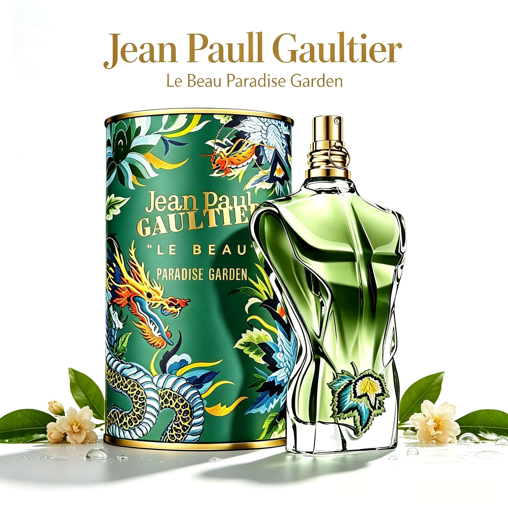 Perfume Fragrance Jean Paul Gaultier - ジャン・ポール・ゴルチエ ル・ボー パラダイスガーデン メンズ香水 100ml、特別な人間の胴体デザインの緑色のボトルと装飾的なドラゴンと花柄の缶箱入り、明るくフレッシュでスパイシーなウッディ系のEDPフレグランス、普段使いやパーティー、デートに最適
